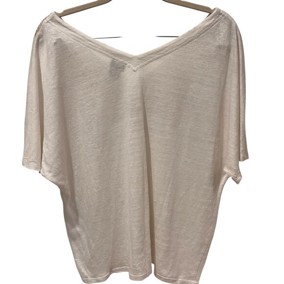 Chico's White Gold Foil Double V Neck Linen Tee Large/2 Beachy Mandala Design - Picture 13 of 13